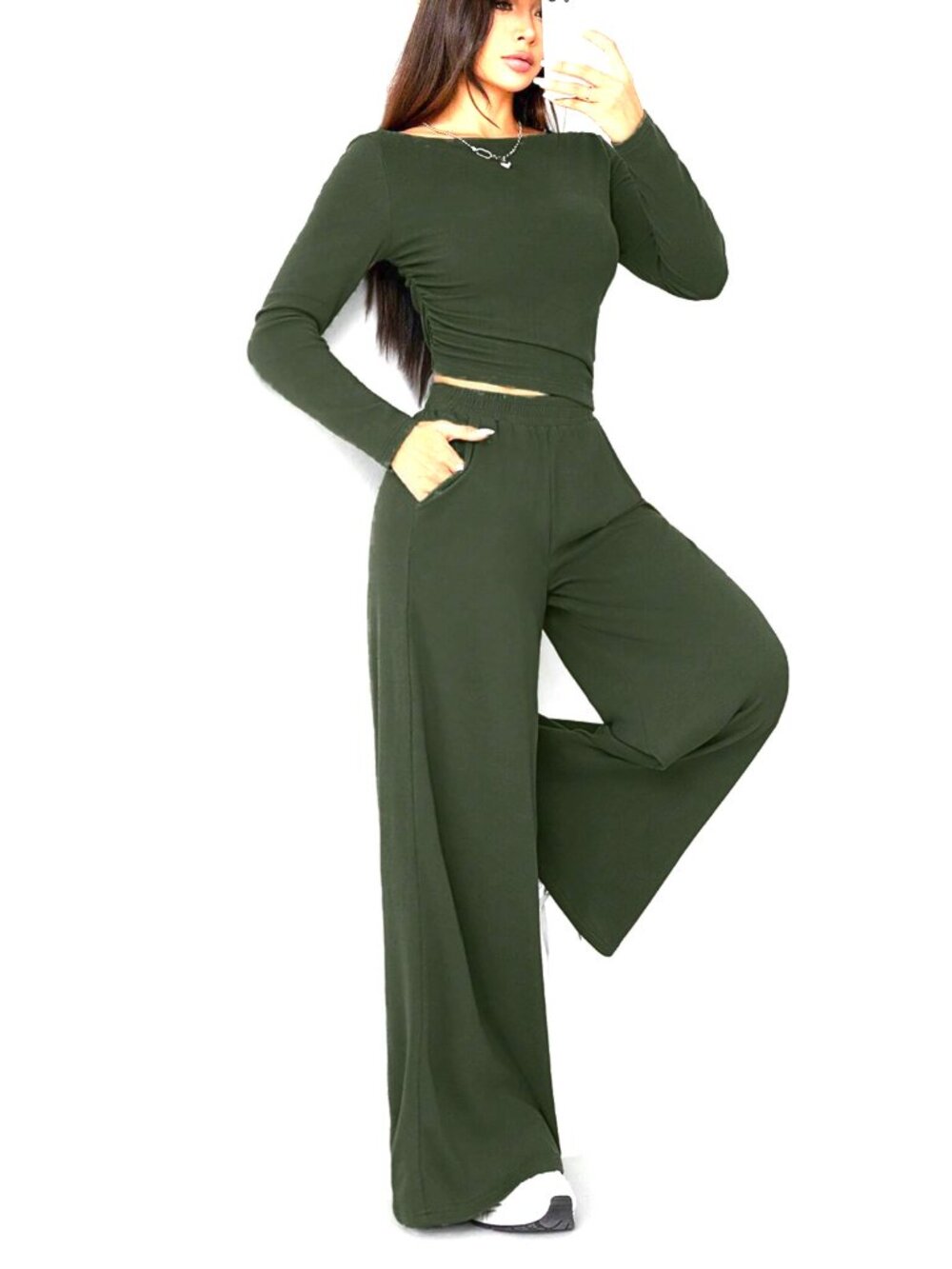 Petite Olive Green Two Piece Lounge Set Boat Neck Wide Leg Pants Large - Picture 3 of 5